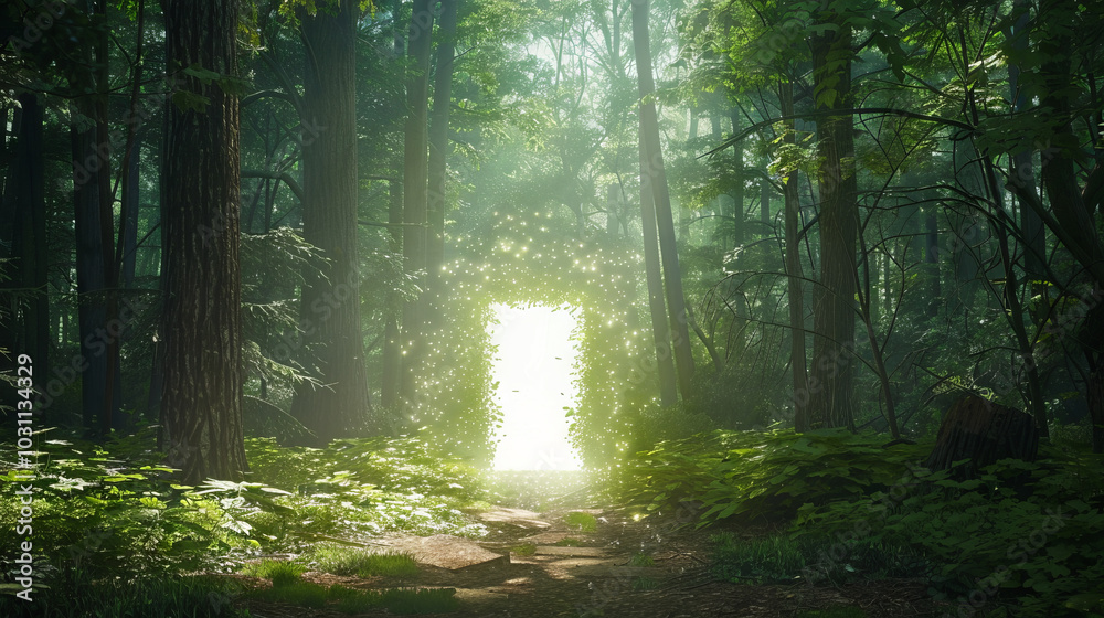 Obraz premium Mysterious Glowing Portal in Ancient Forest with Sunlight Streaming Through Dense Trees - Concept of Magic, Adventure, and Exploration