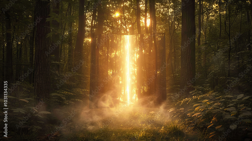 Fototapeta premium Glowing Mystical Portal Illuminating an Ancient Forest at Sunrise, Concept of Enchantment, Fantasy Adventure, Magical Realms