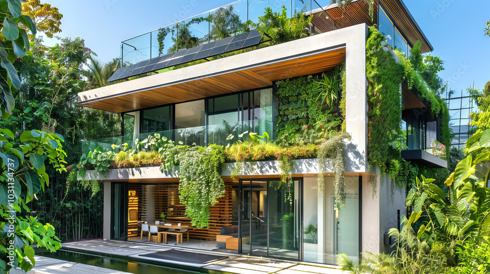 Modern sustainable house with lush green roof and vertical garden, concepts of eco-friendly architecture, renewable energy, and luxurious living Modern sustainable house with lush green roof and vertical garden, concepts of eco-friendly architecture, renewable energy, and luxurious living