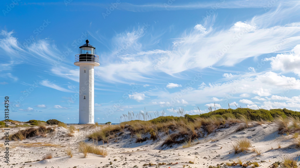 Modern Lighthouse on Sandy Beach with Grassy Dunes and Blue Sky. Coastal Navigation, Scenic Seascape, Tranquil Nature Modern Lighthouse on Sandy Beach with Grassy Dunes and Blue Sky. Coastal Navigation, Scenic Seascape, Tranquil Nature