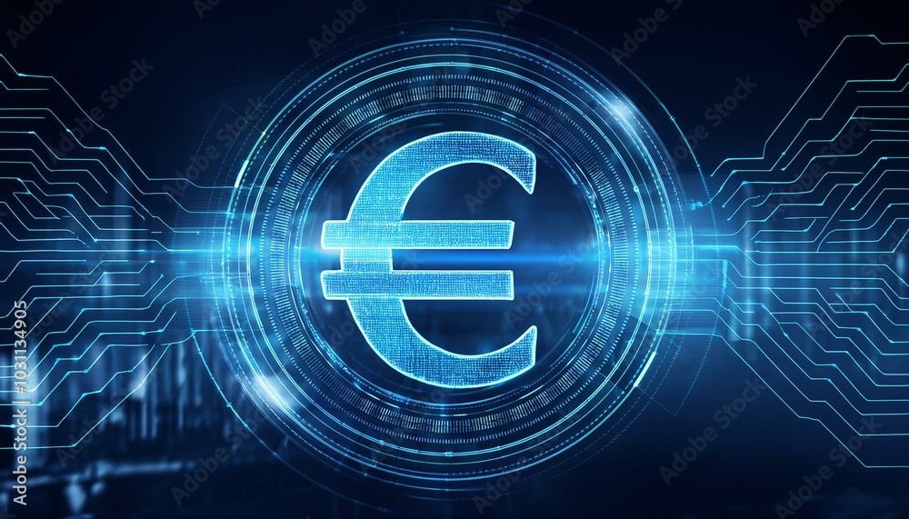Creative digital circular euro hologram with circuit lines on blurry wide blue background. Digital money and online banking concept. 3D Rendering. Creative digital circular euro hologram with circuit lines on blurry wide blue background. Digital money and online banking concept. 3D Rendering.