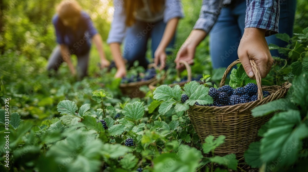 Fototapeta premium People picking blackberries in a field.