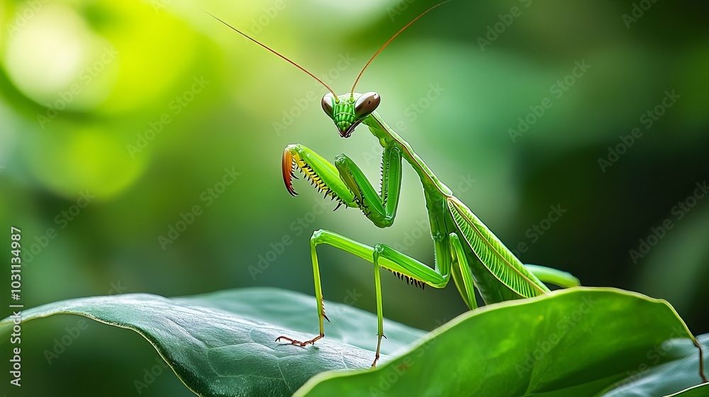 A praying mantis hiding on a green leaf
A praying mantis hiding on a green leaf