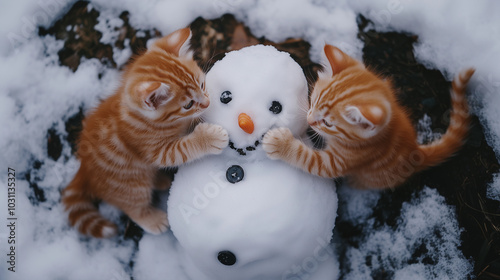 small, cute kittens playing happily in the snow with a snowman during the winter season in outdoor activities in nature