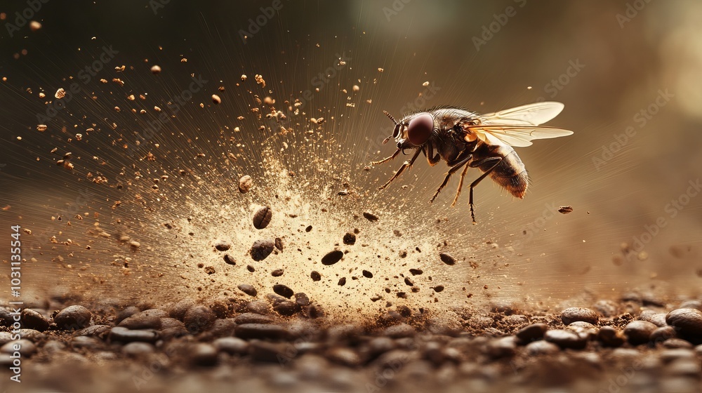 Extreme close-up of houseflies. Annoying gray flying insect with big eyes and back hair. Ultra macro photography.
