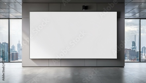 Front view of blank white isolated poster on a light grey wall at the entrance to modern loft office interior with concrete floor and window with city view. 3D Rendering, mockup, template background