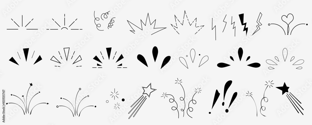 Line confetti exclamation icon elements. Hand drawn confetti explosion burst ray shine line icon illustration. Spark exclamation emphasis ray twinkle starburst decoration. Vector illustration.
