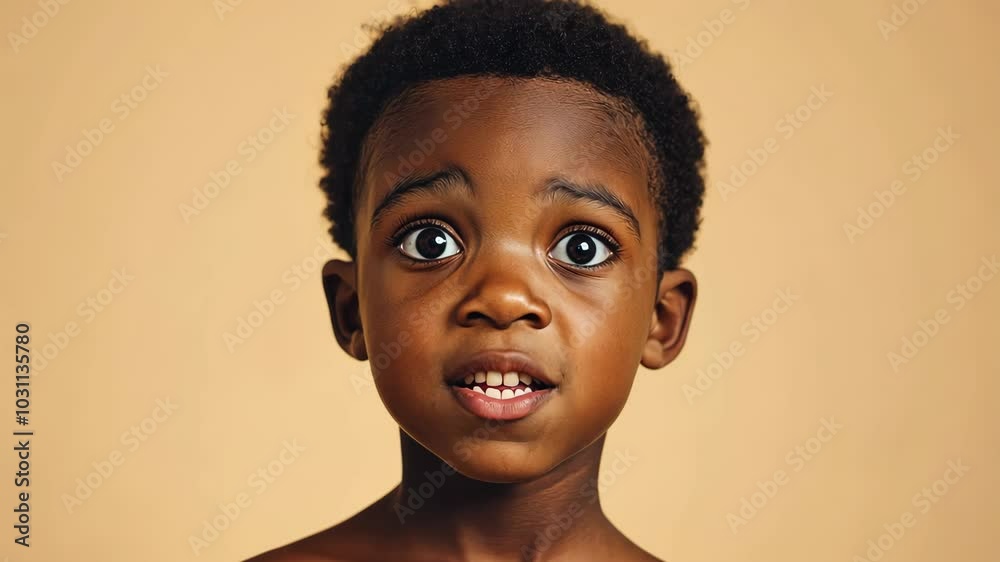 A young boy with dark skin and large eyes looks directly at the camera with a surprised expression A young boy with dark skin and large eyes looks directly at the camera with a surprised expression