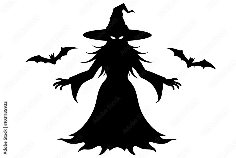 Fototapeta premium Horror Halloween Witch Illustration, Flat, Silhouette, Line Art Icons. with white background.
