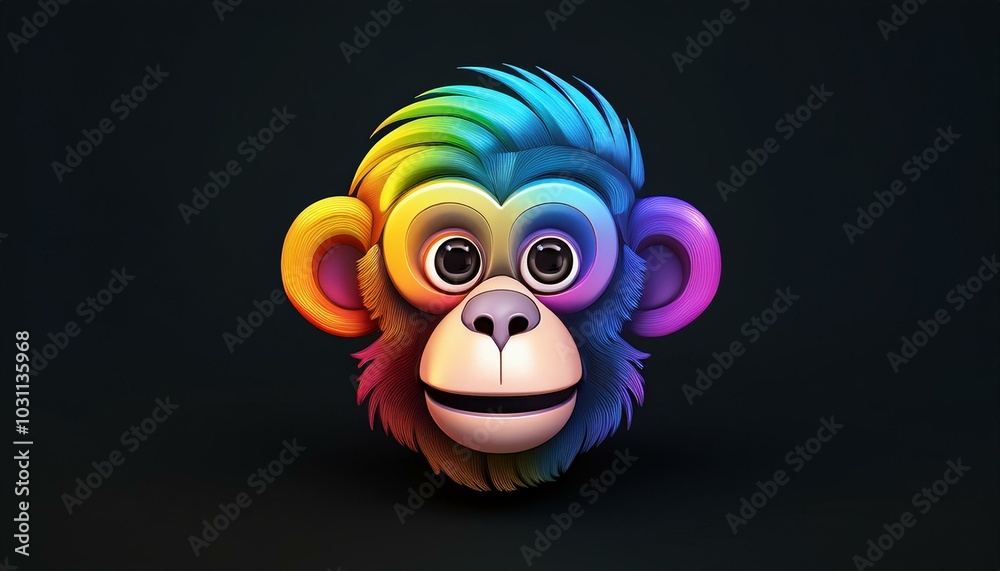 Minimalistic 3D cartoon rainbow monkey emoji on black, holographic colors, Octane rendering, high quality. Minimalistic 3D cartoon rainbow monkey emoji on black, holographic colors, Octane rendering, high quality.