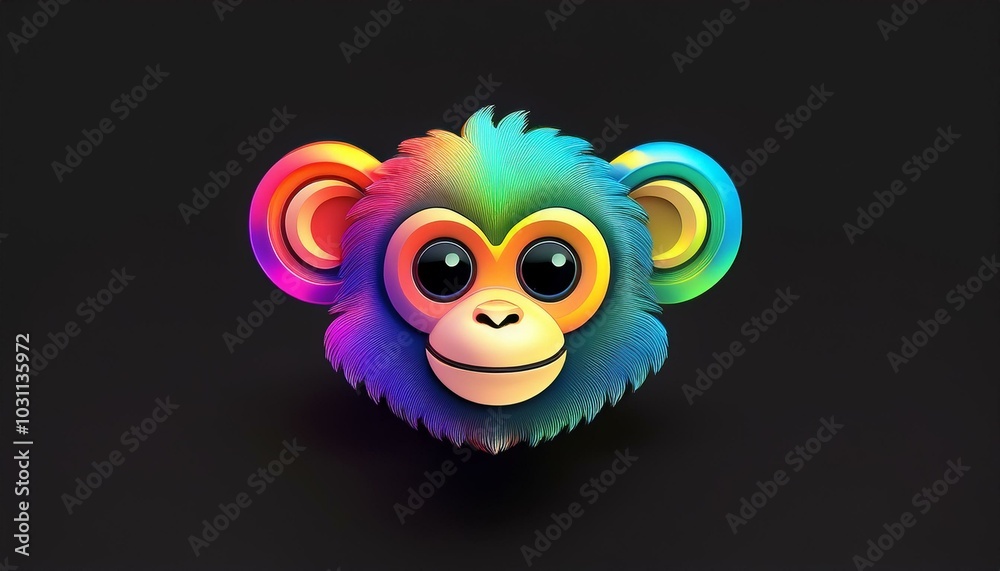 Fototapeta premium Minimalistic 3D cartoon rainbow monkey emoji on black, holographic colors, Octane rendering, high quality.
