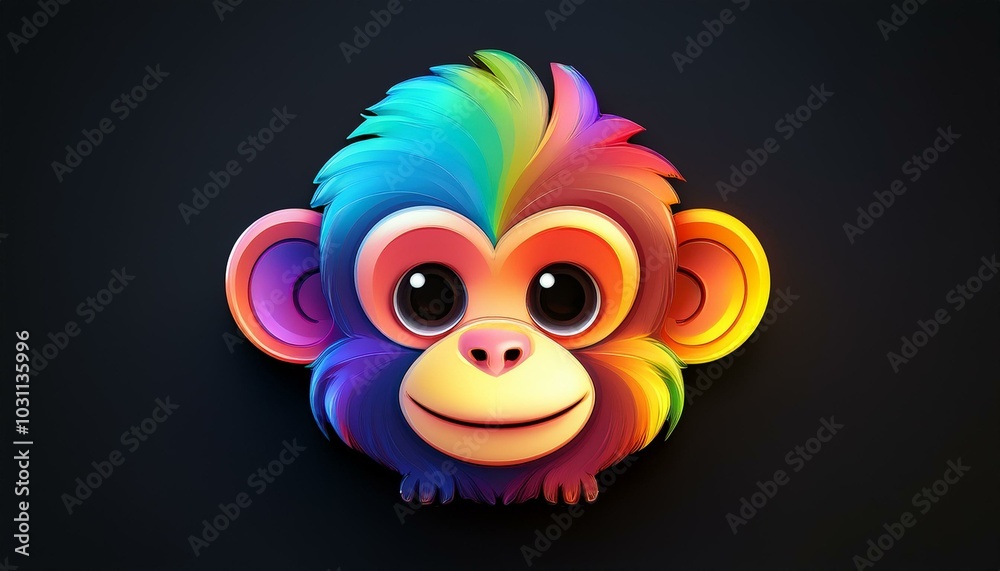 Fototapeta premium Minimalistic 3D cartoon rainbow monkey emoji on black, holographic colors, Octane rendering, high quality.