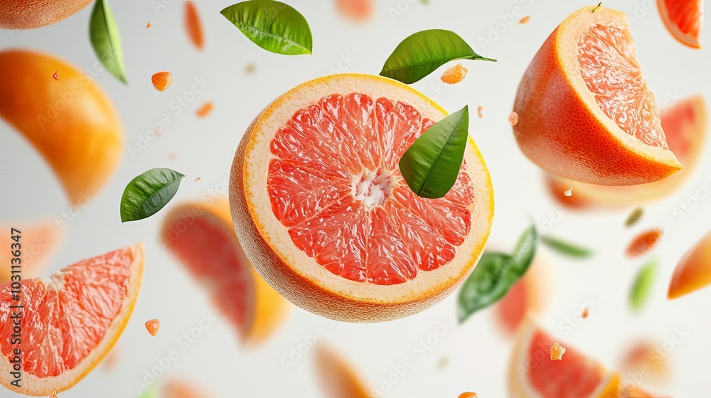 Image of fresh grapefruit and green leaves on white background
Image of fresh grapefruit and green leaves on white background
