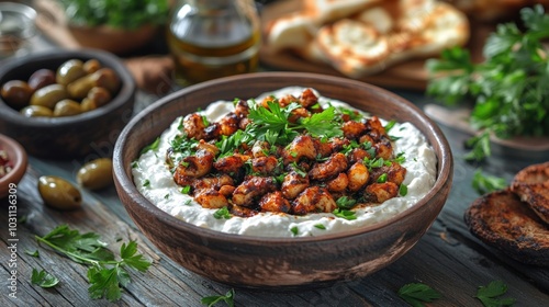 A bowl of creamy hummus topped with roasted chickpeas, parsley, and spices.