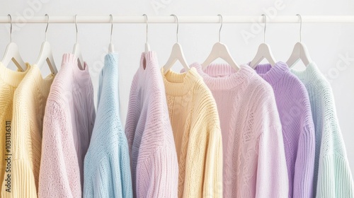 Cozy yet Chic Pastel Colored Fashion Apparel Hanging on Clothing Rack in Minimalist Retail Store Display