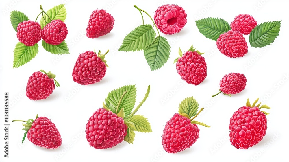 Image of set of six ripe raspberries with sepals isolated on white background
Image of set of six ripe raspberries with sepals isolated on white background