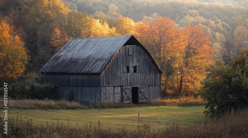 A weathered wooden barn stands in a field, with a backdrop of colorful autumn trees and a hazy sky.