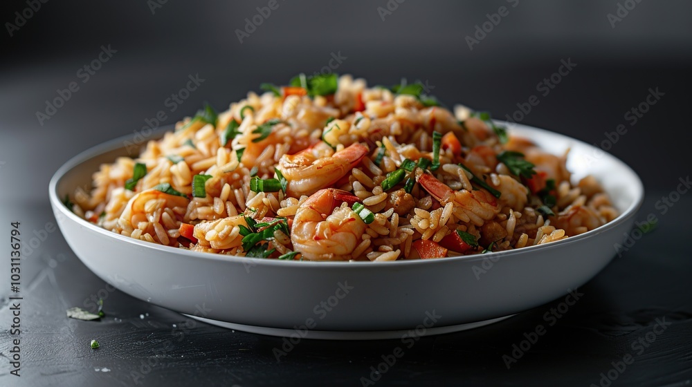 A large white bowl of shrimp fried rice garnished with fresh parsley. A large white bowl of shrimp fried rice garnished with fresh parsley.