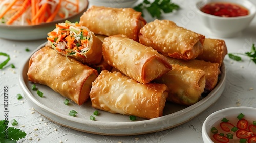 A plate of crispy golden egg rolls with dipping sauce and fresh vegetables.