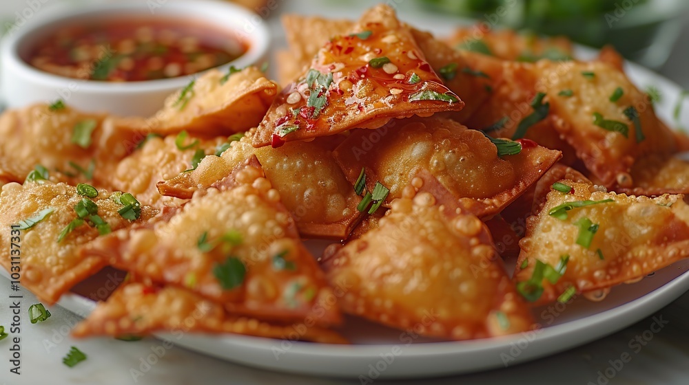 A plate of crispy golden brown wonton chips with a side of chili sauce and fresh cilantro. A plate of crispy golden brown wonton chips with a side of chili sauce and fresh cilantro.