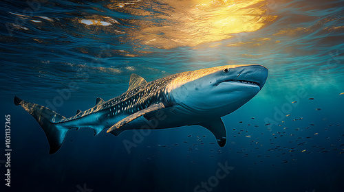 A whale shark swimming slowly near the ocean surface photo