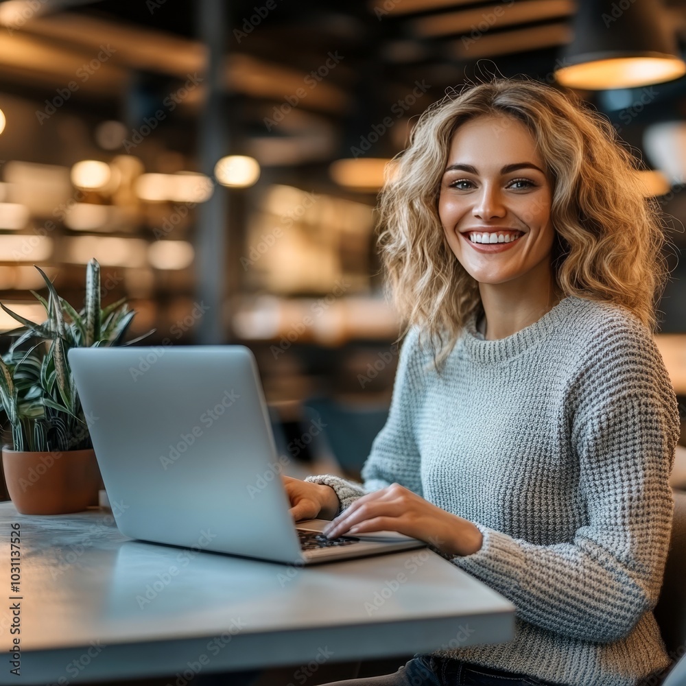 Smiling Young Woman Working Remotely on Laptop in Cozy Cafe, Enjoying Digital Nomad Lifestyle Smiling Young Woman Working Remotely on Laptop in Cozy Cafe, Enjoying Digital Nomad Lifestyle