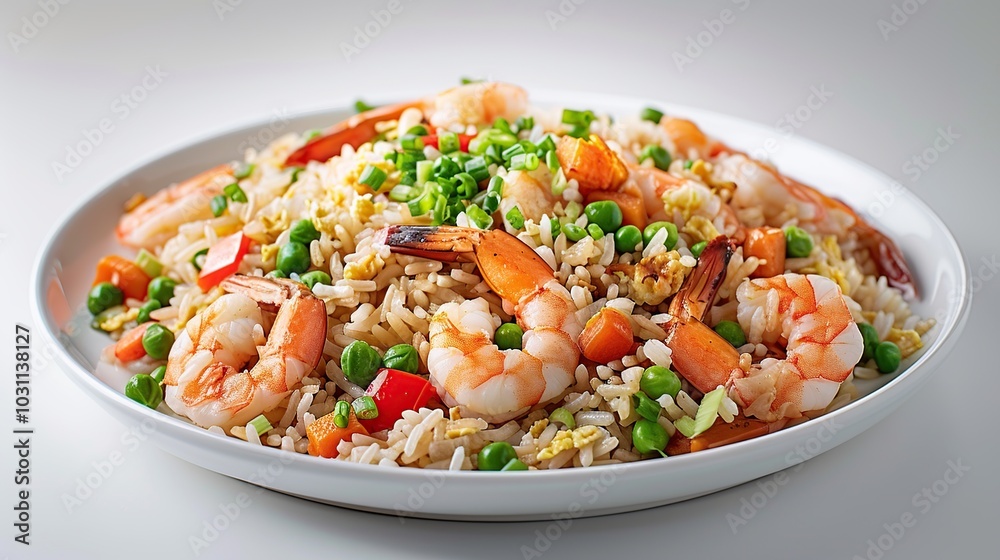 A plate of shrimp fried rice with vegetables, including carrots, peas, and bell peppers, garnished with green onions. A plate of shrimp fried rice with vegetables, including carrots, peas, and bell peppers, garnished with green onions.