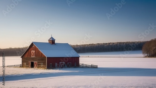 A red barn stands in a frost-covered field at sunrise, with soft mist lingering in the background. The calm winter landscape and the colorful sky create a peaceful rural scene