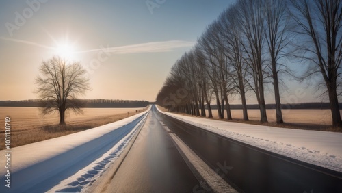 A snow-covered country road winds through a winter forest, with frost-covered trees on both sides. The serene rural landscape captures the quiet beauty of winter in the countryside