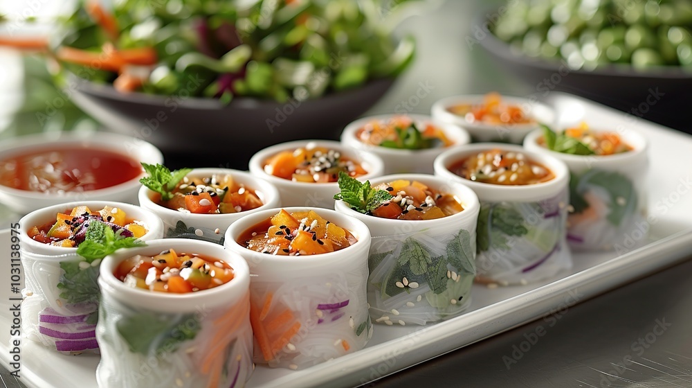 A platter of spring rolls with a side of dipping sauce and a green salad. A platter of spring rolls with a side of dipping sauce and a green salad.
