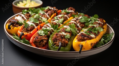 A platter of grilled peppers stuffed with meat and topped with cilantro and a creamy sauce, with a bowl of chopped avocado in the background.