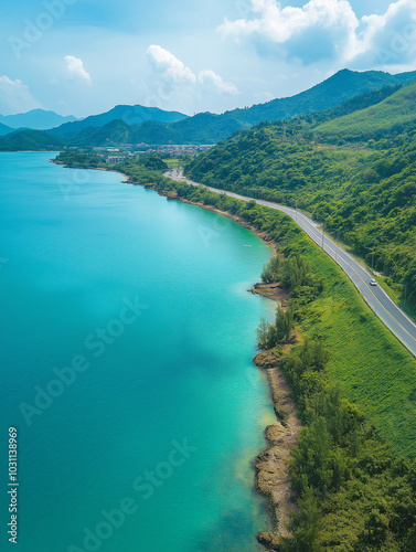 Coastal road in Lianyungang, China, seen from the air photo