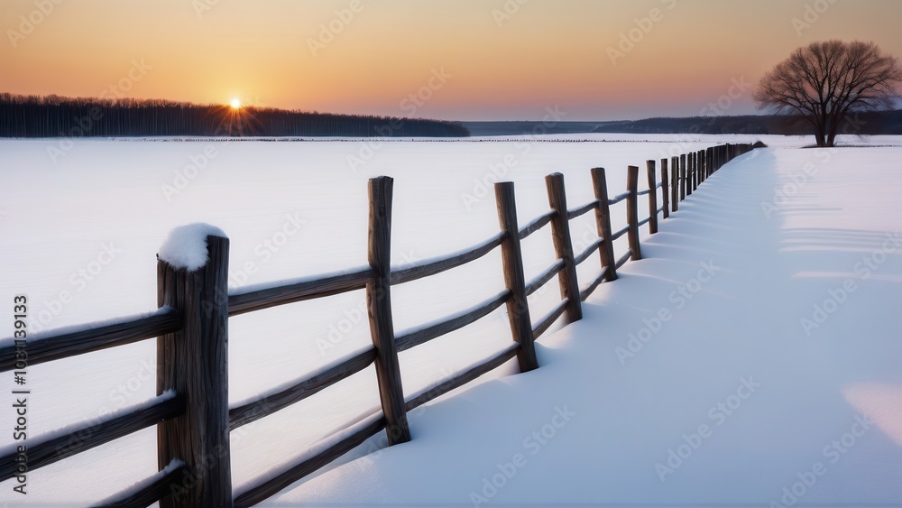 A wooden fence divides the snow-blanketed countryside, extending towards the distant hills under a stunning winter sunset. This peaceful rural winter landscape captures the essence of untouched nature A wooden fence divides the snow-blanketed countryside, extending towards the distant hills under a stunning winter sunset. This peaceful rural winter landscape captures the essence of untouched nature