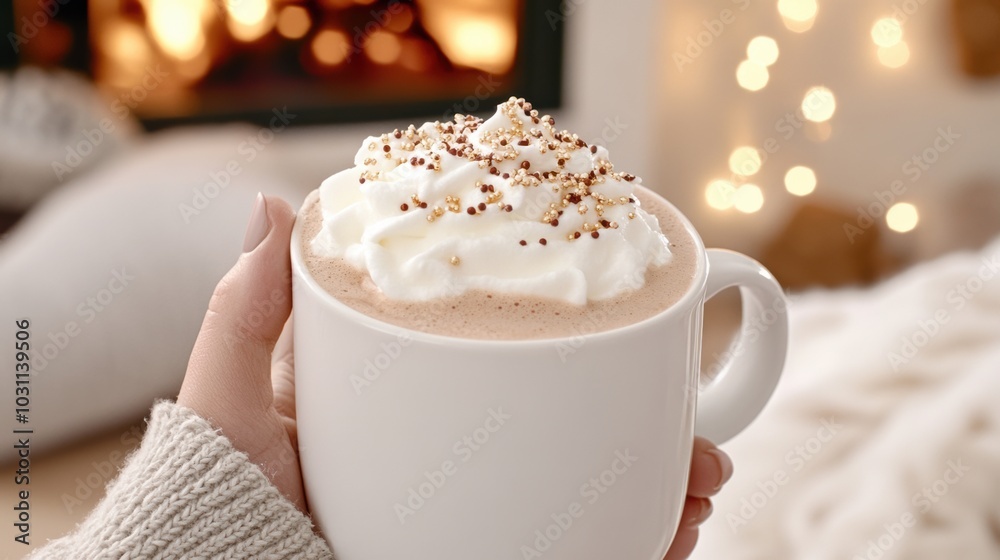 Cozy hot chocolate topped with whipped cream and sprinkles by a warm fireplace, AI Cozy hot chocolate topped with whipped cream and sprinkles by a warm fireplace, AI
