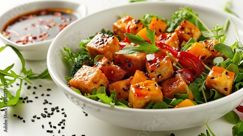 A white bowl filled with a healthy salad consisting of tofu, greens, mango, and chili peppers. A side bowl of soy sauce is also present.