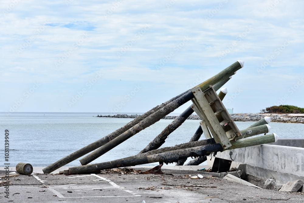 Fototapeta premium boat dock section washed ashore from storm hurricane destruction