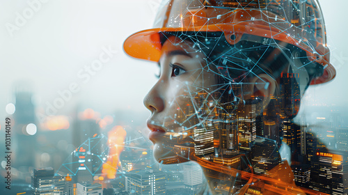 Double exposure of the female engineer and construction site