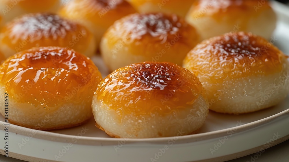 Close-up of a plate of round, golden-brown, sticky rice cakes. Close-up of a plate of round, golden-brown, sticky rice cakes.