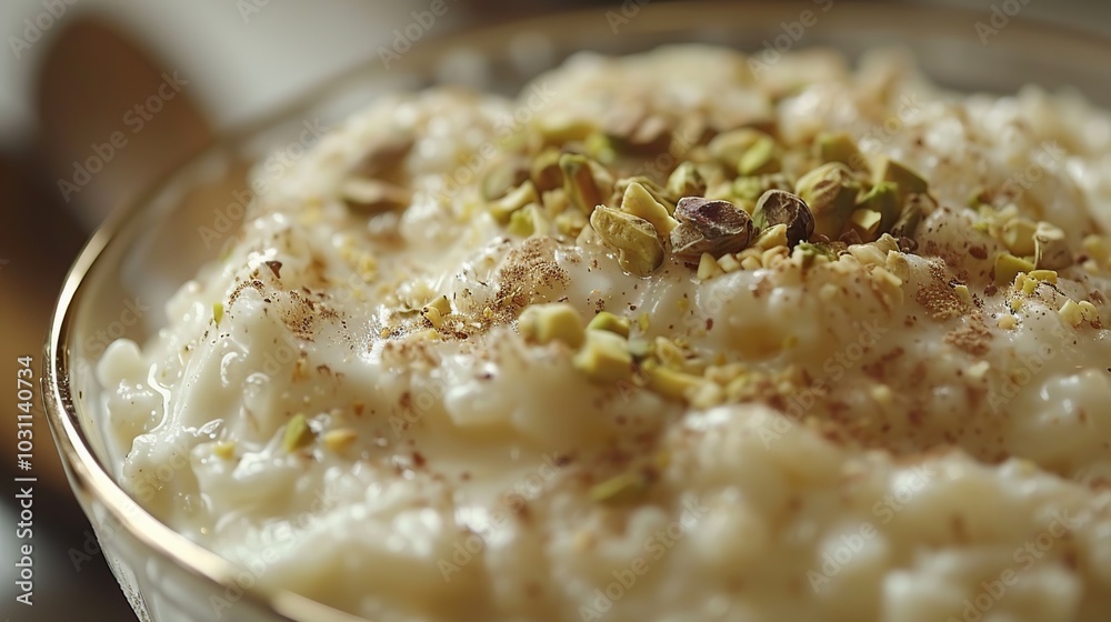 Close-up of creamy rice pudding topped with pistachios and cinnamon. Close-up of creamy rice pudding topped with pistachios and cinnamon.