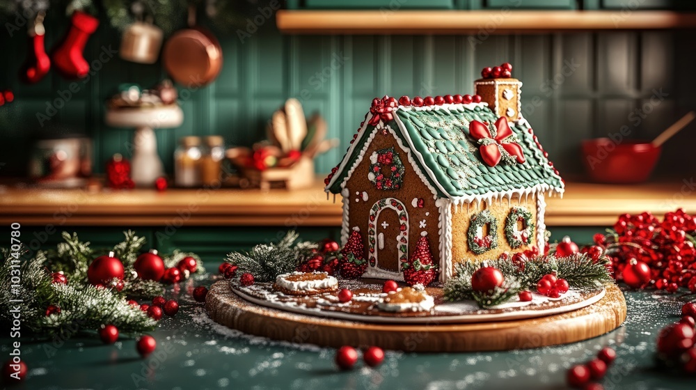 A gingerbread house with a green roof and red decorations sits on a wooden board with a Christmas tree and red ornaments. A gingerbread house with a green roof and red decorations sits on a wooden board with a Christmas tree and red ornaments.