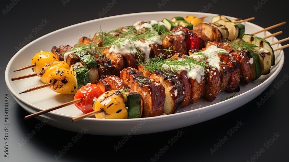 Grilled chicken and vegetable skewers on a white oval platter with a creamy sauce and dill garnish. Grilled chicken and vegetable skewers on a white oval platter with a creamy sauce and dill garnish.
