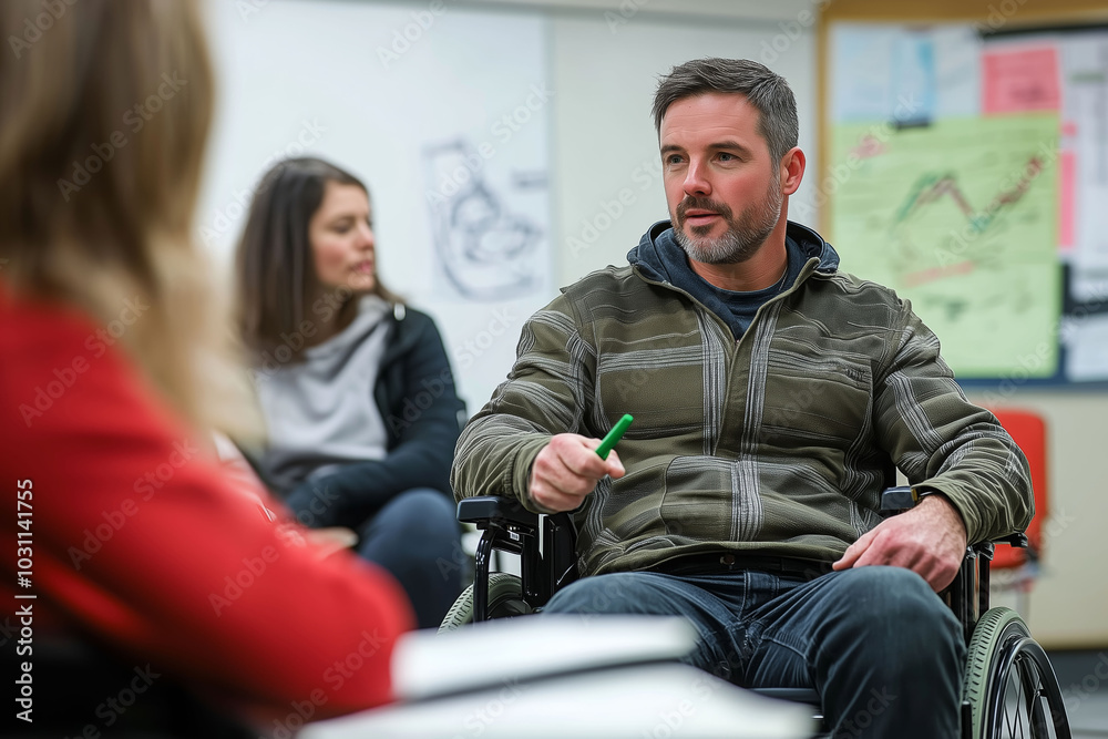 A man in a wheelchair leading a business discussion in a modern office A man in a wheelchair leading a business discussion in a modern office