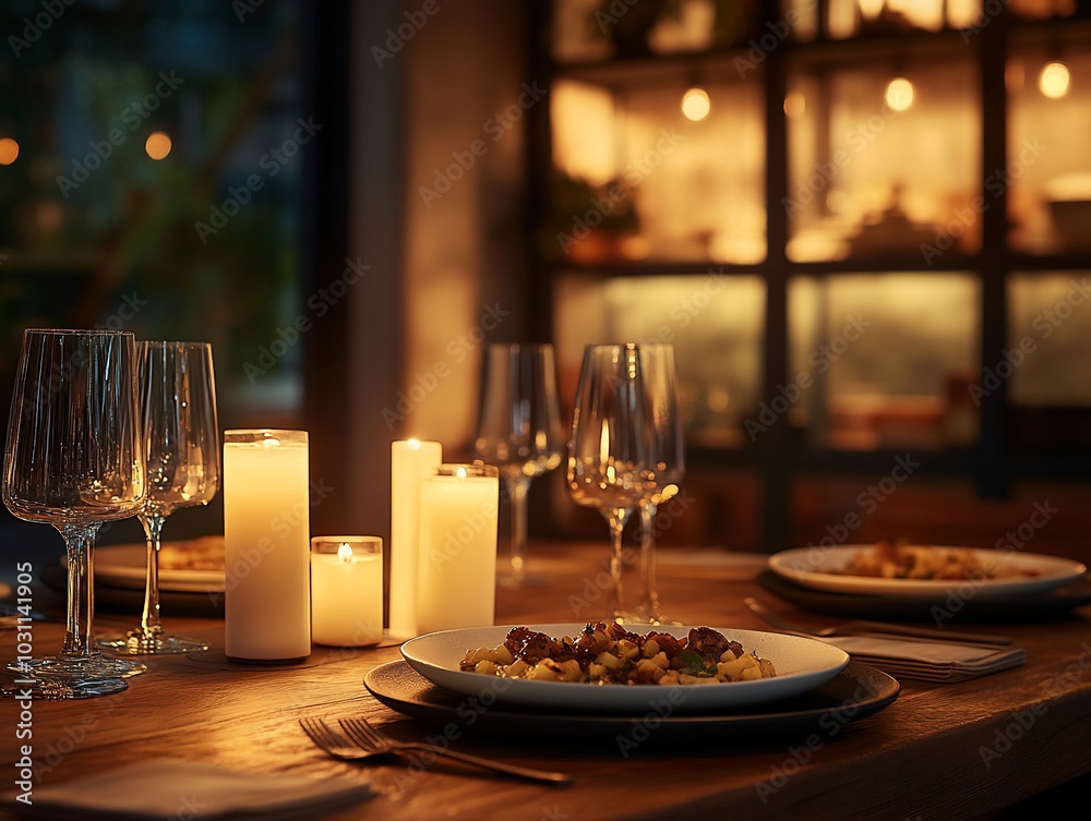 A romantic dinner setting with candles, plates, and wine glasses on a wooden table. A romantic dinner setting with candles, plates, and wine glasses on a wooden table.