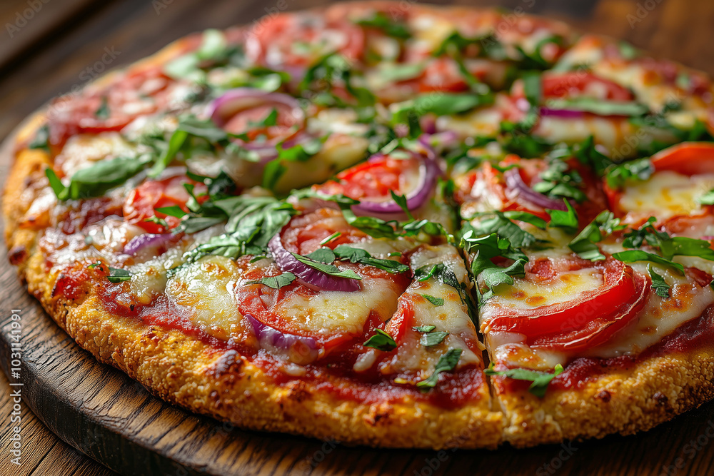 Delicious vibrant cauliflower crust pizza with fresh toppings on a rustic board Delicious vibrant cauliflower crust pizza with fresh toppings on a rustic board