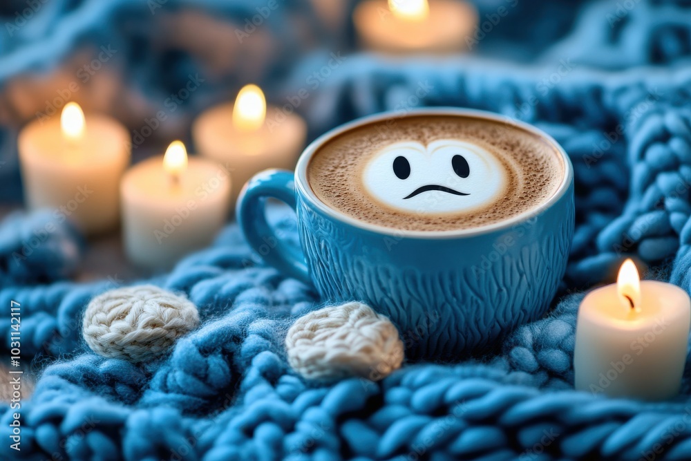 Cup of coffee with sad face latte art on knitted blue blanket, cozy atmosphere Cup of coffee with sad face latte art on knitted blue blanket, cozy atmosphere