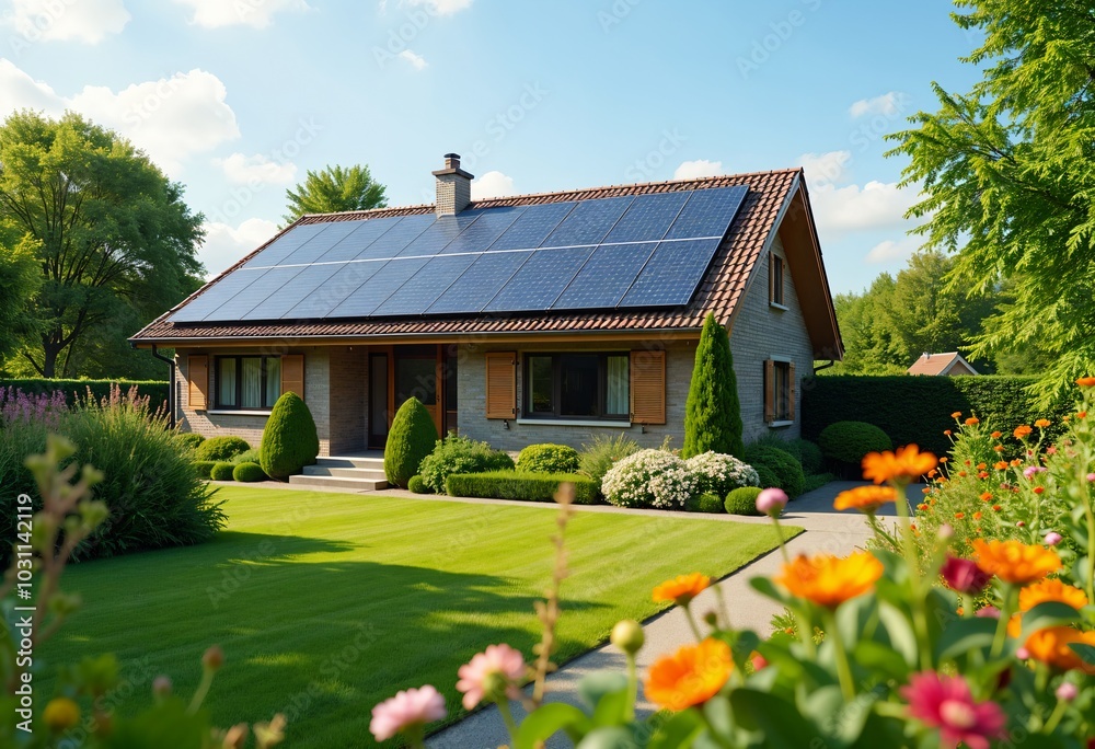 Contemporary suburban bungalow with solar panels, surrounded by a flowering garden, representing sustainable living on a clear summer day Contemporary suburban bungalow with solar panels, surrounded by a flowering garden, representing sustainable living on a clear summer day