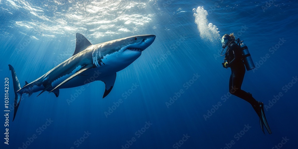 Obraz premium A diver encounters a majestic shark underwater. The scene captures awe and respect for ocean life. This image reflects adventure, exploration, and marine conservation. AI