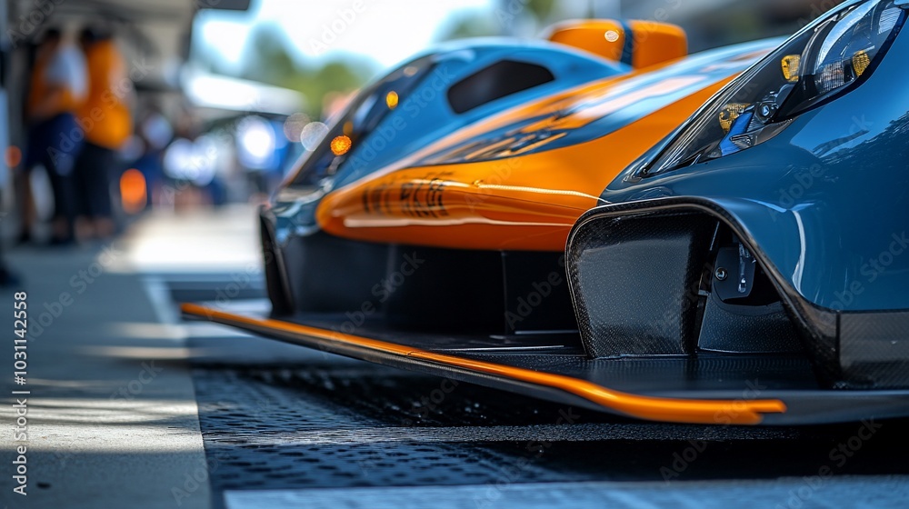 Close-up of a blue and orange race car's front end with a blurred background. Close-up of a blue and orange race car's front end with a blurred background.