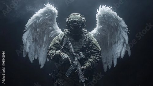 A soldier in camouflage gear with large white angel wings stands in a dark setting, holding a rifle and looking forward with a determined expression.