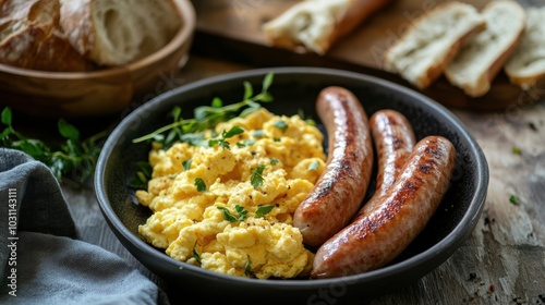 A hearty breakfast featuring scrambled eggs, grilled sausages, and fresh bread slices, served in a rustic setting for a cozy meal. 